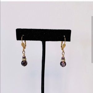 Black Pearl Earrings with Diamond and Gold